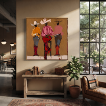 Three Cowgirls Claim Ochre - three cowgirls portrait painting by Savannah Reed, modern folk art square wall art – styled room scene view 3