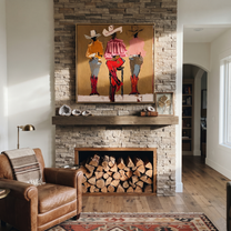 Three Cowgirls Claim Ochre - three cowgirls portrait painting by Savannah Reed, modern folk art square wall art – styled room scene view 4
