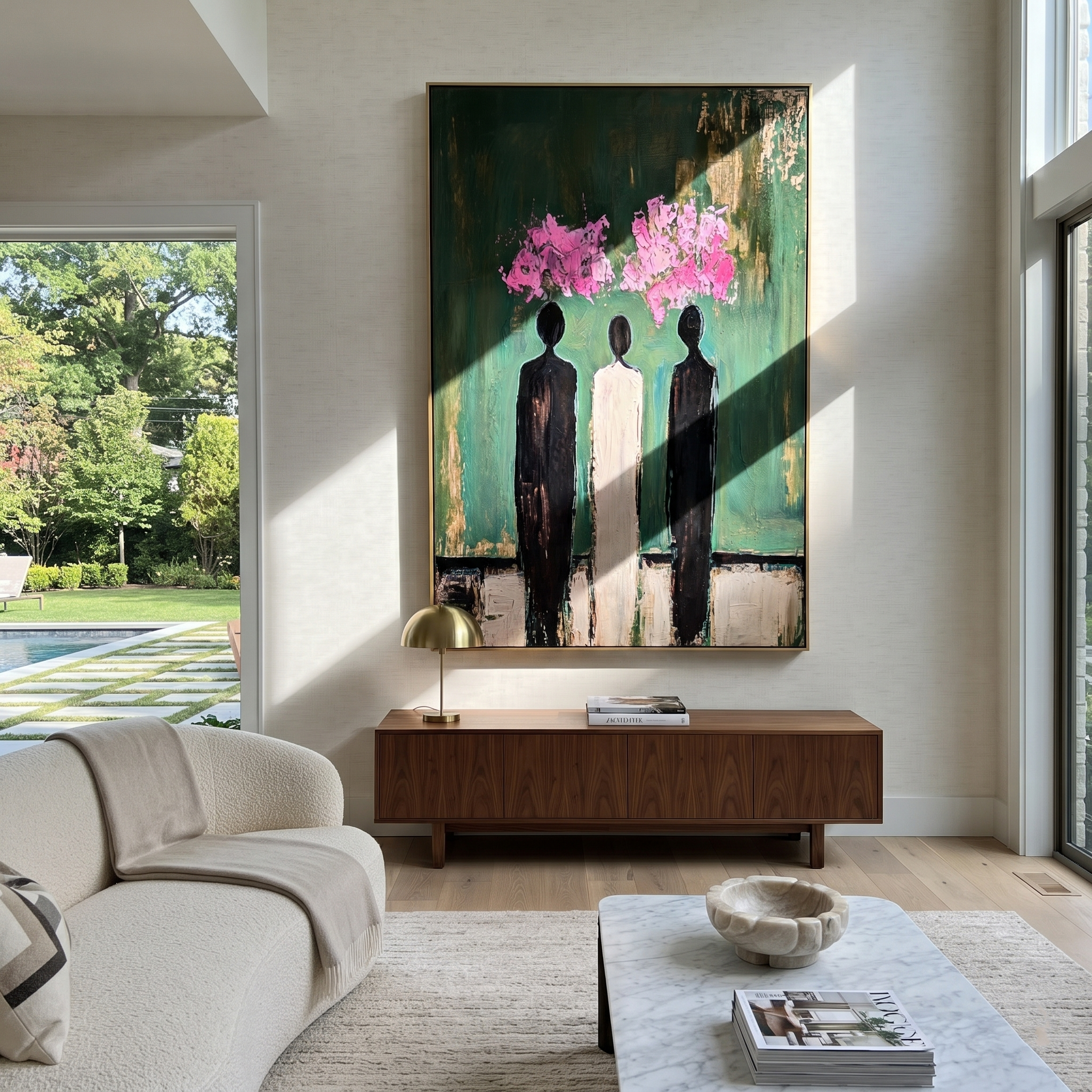 Pink Clouds Crown Three - three abstract figures painting by Savannah Reed, modern folk art vertical wall art – styled room scene view 1