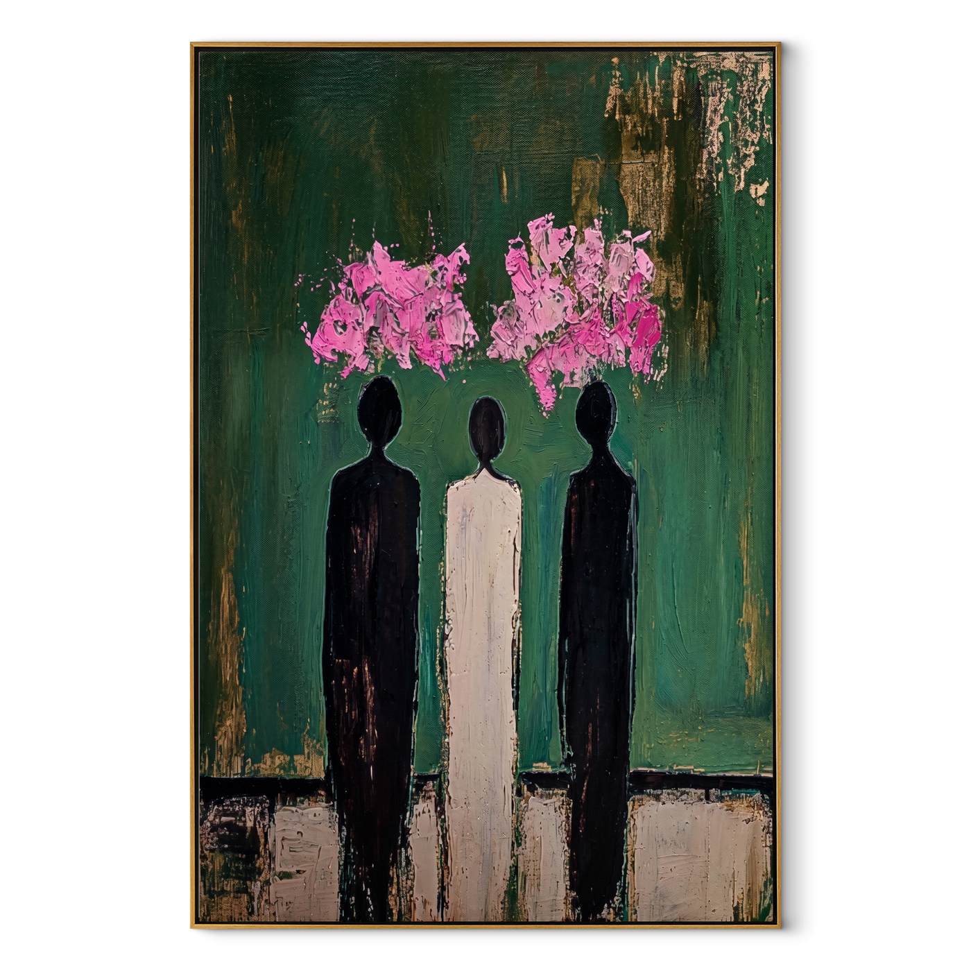 Pink Clouds Crown Three - three abstract figures painting by Savannah Reed, modern folk art vertical wall art – wood frame on white background