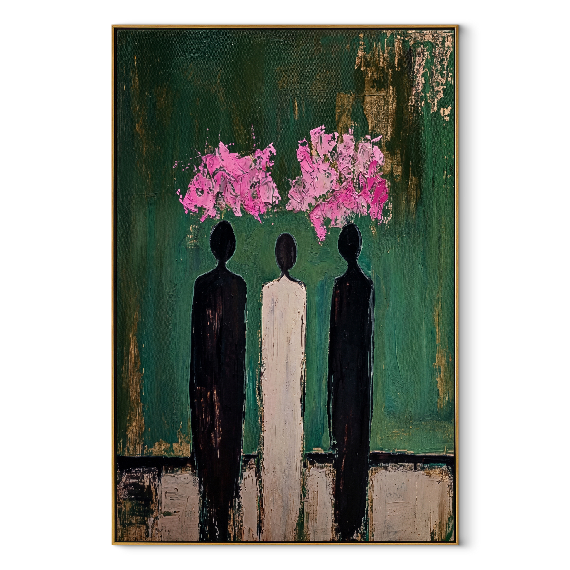 Pink Clouds Crown Three - three abstract figures painting by Savannah Reed, modern folk art vertical wall art – wood frame on white background