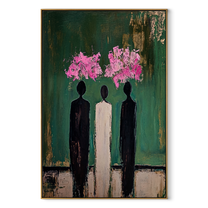 Pink Clouds Crown Three - three abstract figures painting by Savannah Reed, modern folk art vertical wall art – wood frame on white background