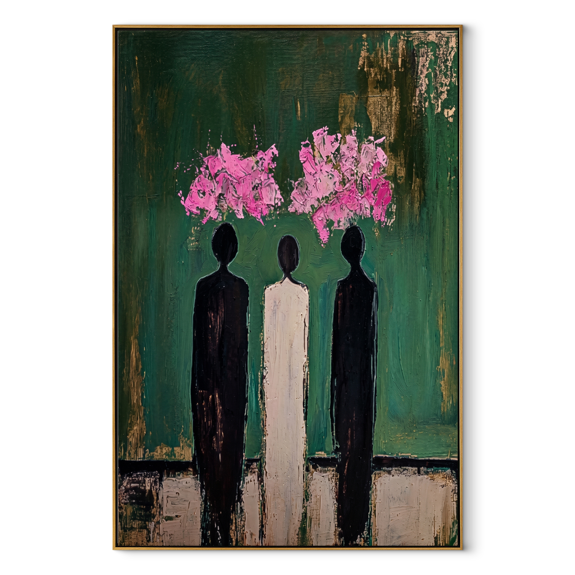 Pink Clouds Crown Three - three abstract figures painting by Savannah Reed, modern folk art vertical wall art – wood frame on white background