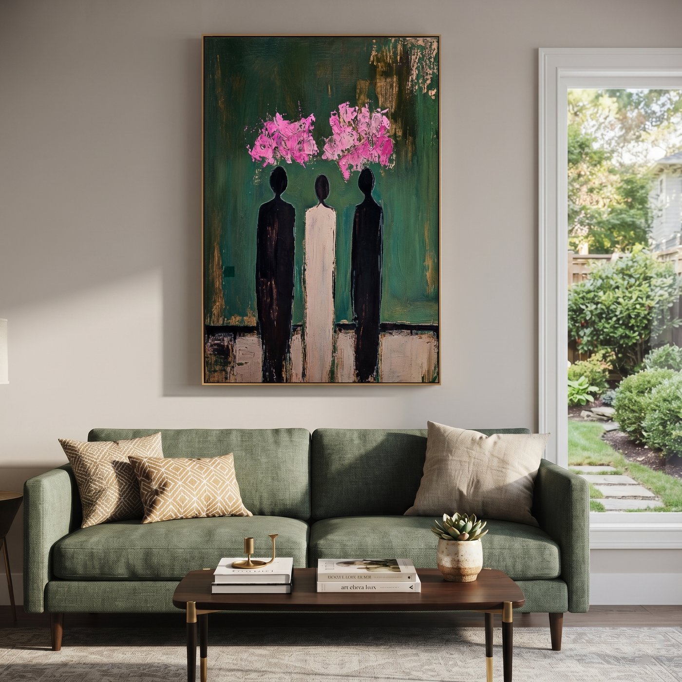Pink Clouds Crown Three - three abstract figures painting by Savannah Reed, modern folk art vertical wall art – styled room scene view 2