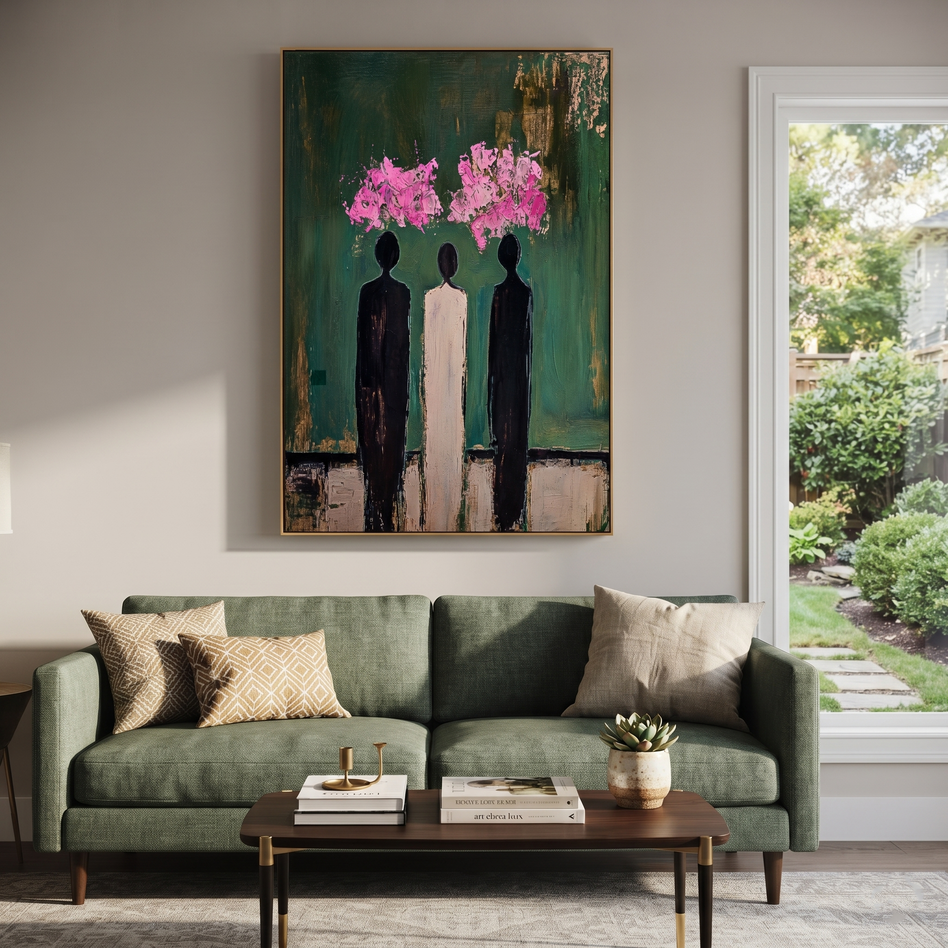 Pink Clouds Crown Three - three abstract figures painting by Savannah Reed, modern folk art vertical wall art – styled room scene view 2