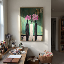 Pink Clouds Crown Three - three abstract figures painting by Savannah Reed, modern folk art vertical wall art – styled room scene view 3