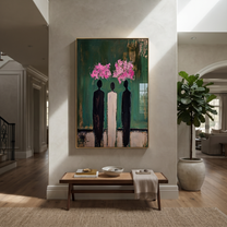 Pink Clouds Crown Three - three abstract figures painting by Savannah Reed, modern folk art vertical wall art – styled room scene view 4