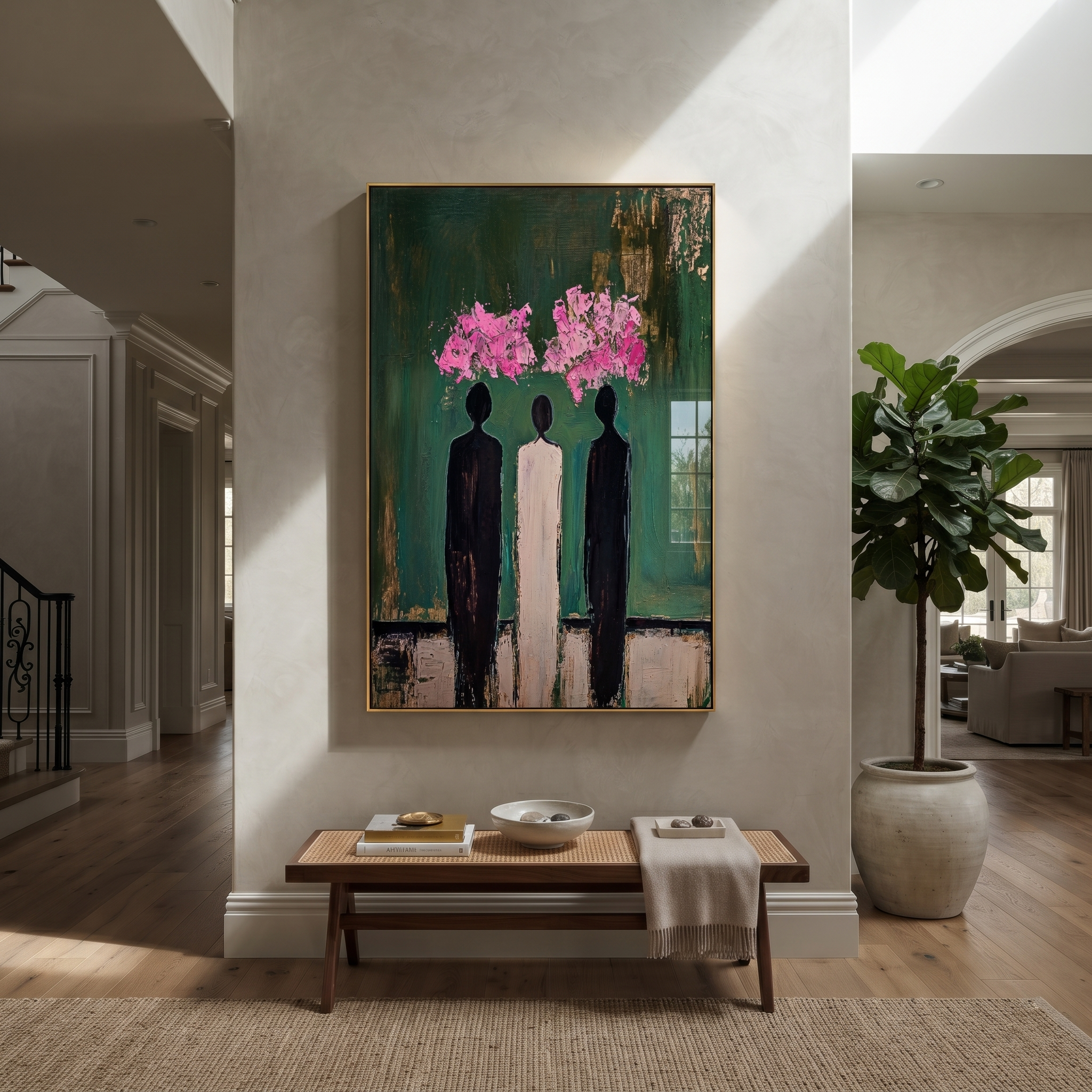 Pink Clouds Crown Three - three abstract figures painting by Savannah Reed, modern folk art vertical wall art – styled room scene view 4