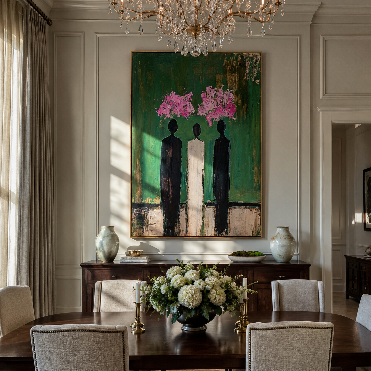 Pink Clouds Crown Three - three abstract figures painting by Savannah Reed, modern folk art vertical wall art – styled room scene view 5