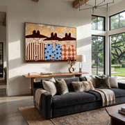 Wide Hats Taste Wine - three cowboys wine painting by Savannah Reed, modern folk art horizontal wall art – styled room scene view 1