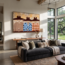 Wide Hats Taste Wine - three cowboys wine painting by Savannah Reed, modern folk art horizontal wall art – styled room scene view 1