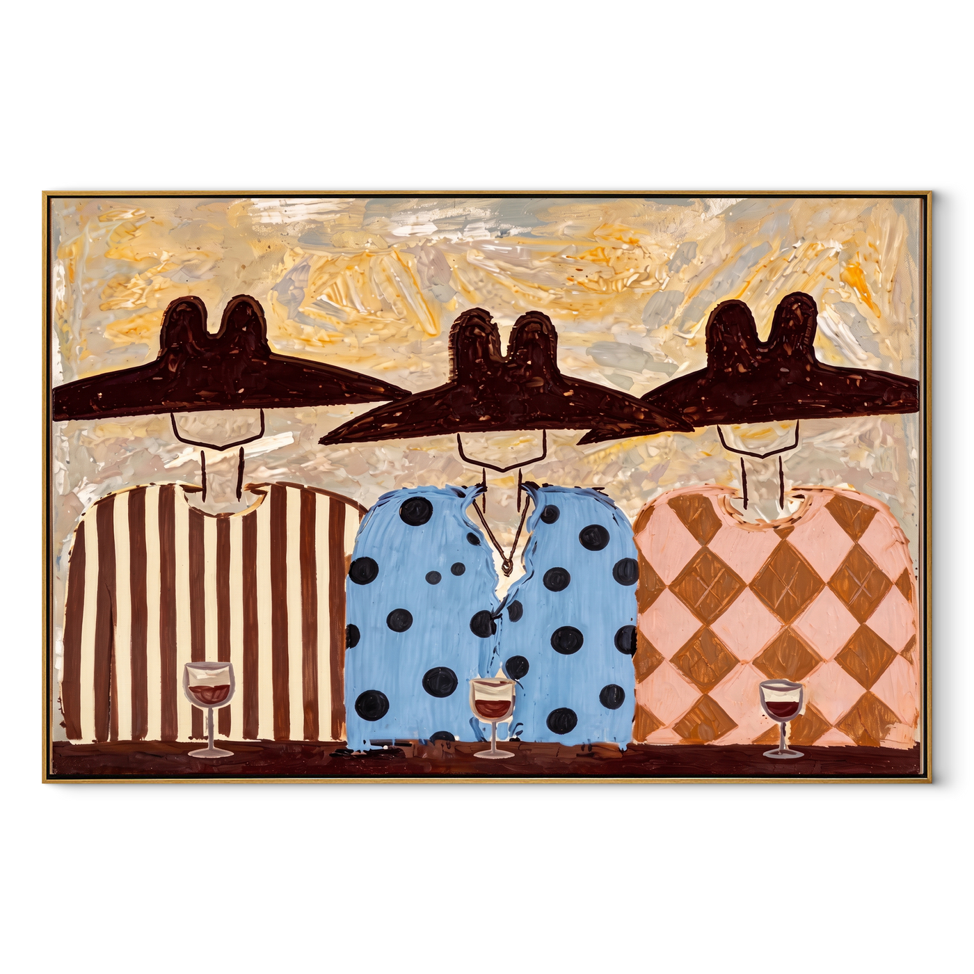 Wide Hats Taste Wine - three cowboys wine painting by Savannah Reed, modern folk art horizontal wall art – wood frame on white background