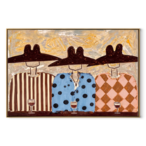 Wide Hats Taste Wine - three cowboys wine painting by Savannah Reed, modern folk art horizontal wall art – wood frame on white background