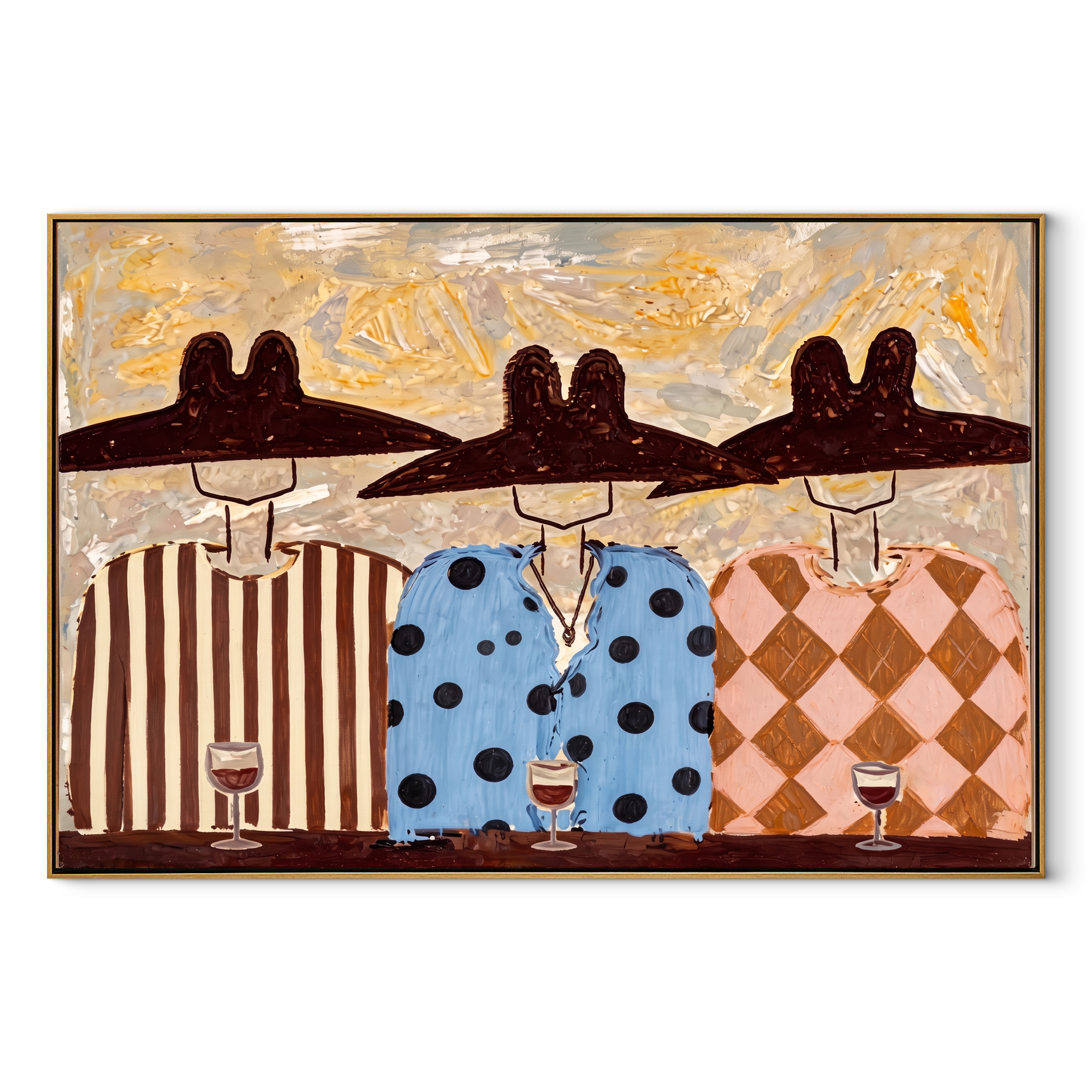 Wide Hats Taste Wine - three cowboys wine painting by Savannah Reed, modern folk art horizontal wall art – wood frame on white background