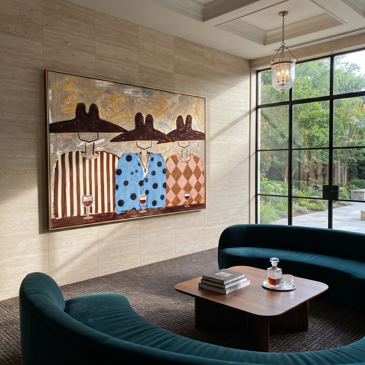 Wide Hats Taste Wine - three cowboys wine painting by Savannah Reed, modern folk art horizontal wall art – styled room scene view 2