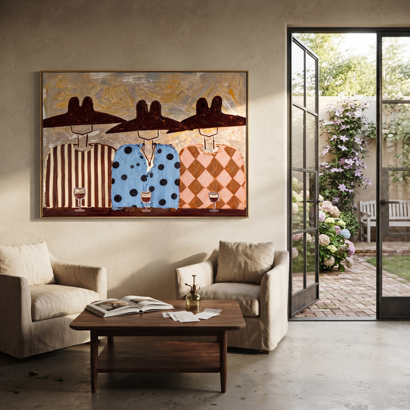 Wide Hats Taste Wine - three cowboys wine painting by Savannah Reed, modern folk art horizontal wall art – styled room scene view 3