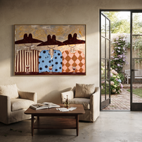 Wide Hats Taste Wine - three cowboys wine painting by Savannah Reed, modern folk art horizontal wall art – styled room scene view 3