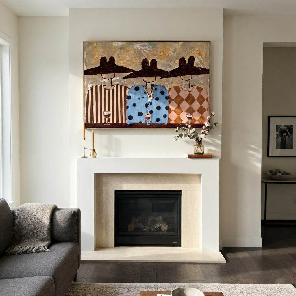 Wide Hats Taste Wine - three cowboys wine painting by Savannah Reed, modern folk art horizontal wall art – styled room scene view 4