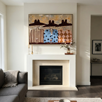 Wide Hats Taste Wine - three cowboys wine painting by Savannah Reed, modern folk art horizontal wall art – styled room scene view 4