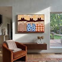 Wide Hats Taste Wine - three cowboys wine painting by Savannah Reed, modern folk art horizontal wall art – styled room scene view 5