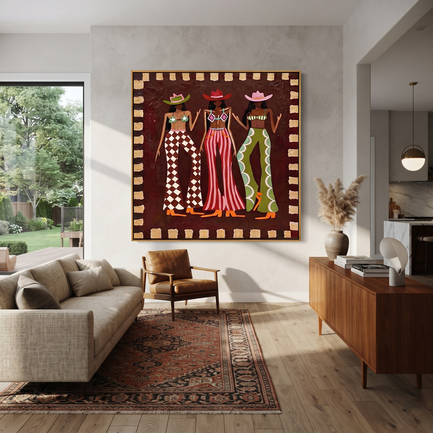Three Cowgirls Signal Style - three cowgirls fashion painting by Savannah Reed, modern folk art square wall art – styled room scene view 1