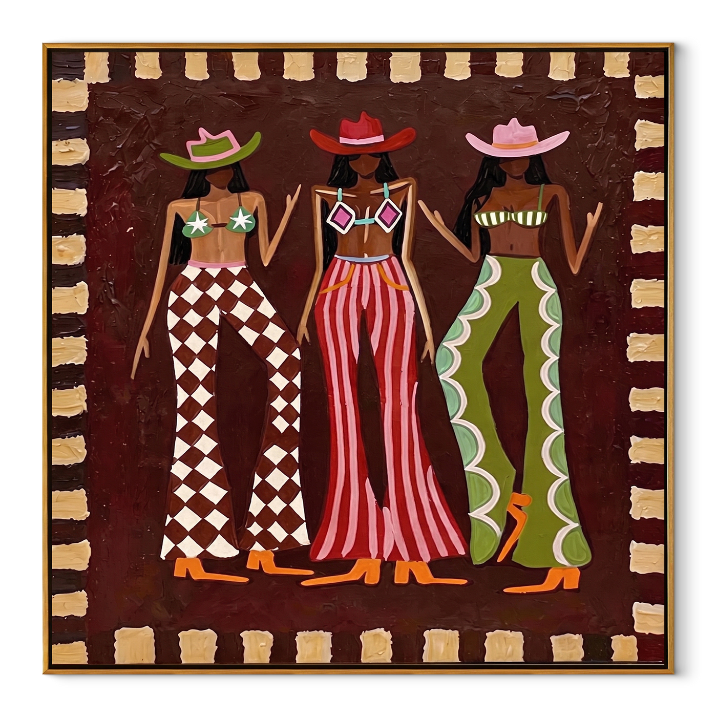 Three Cowgirls Signal Style - three cowgirls fashion painting by Savannah Reed, modern folk art square wall art – wood frame on white background