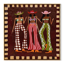 Three Cowgirls Signal Style - three cowgirls fashion painting by Savannah Reed, modern folk art square wall art – wood frame on white background