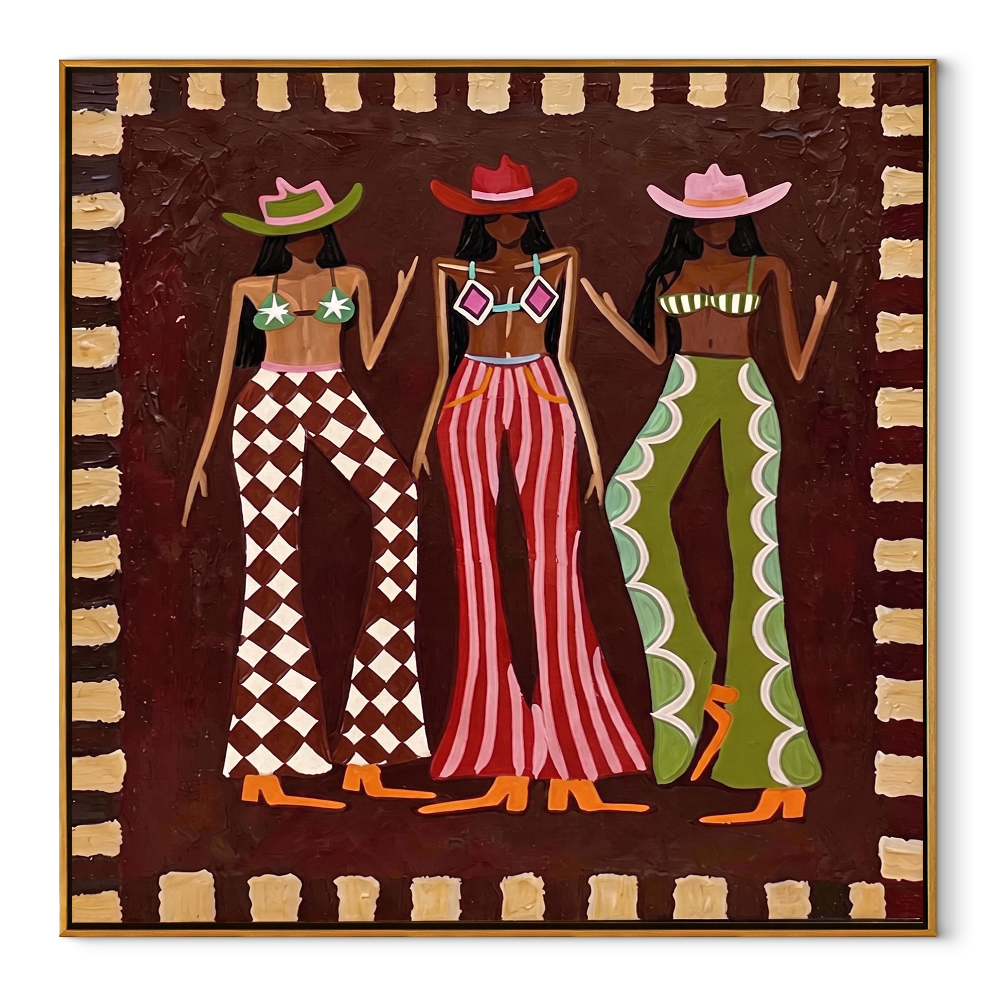 Three Cowgirls Signal Style - three cowgirls fashion painting by Savannah Reed, modern folk art square wall art – wood frame on white background