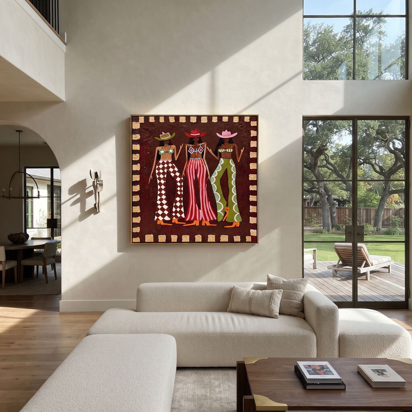 Three Cowgirls Signal Style - three cowgirls fashion painting by Savannah Reed, modern folk art square wall art – styled room scene view 2