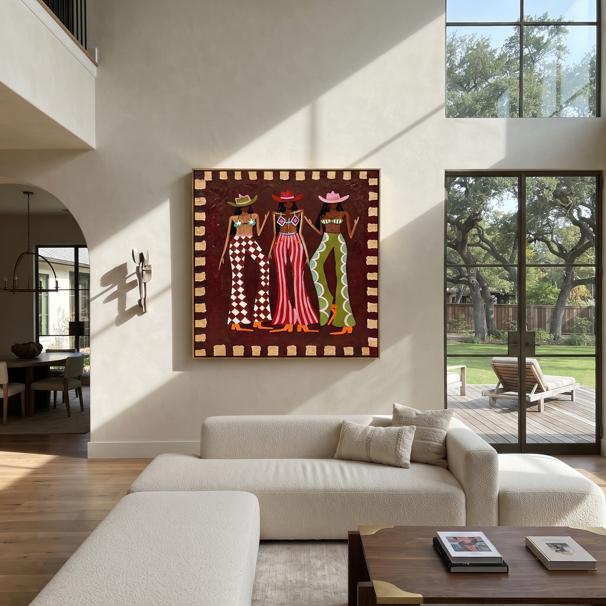 Three Cowgirls Signal Style - three cowgirls fashion painting by Savannah Reed, modern folk art square wall art – styled room scene view 2
