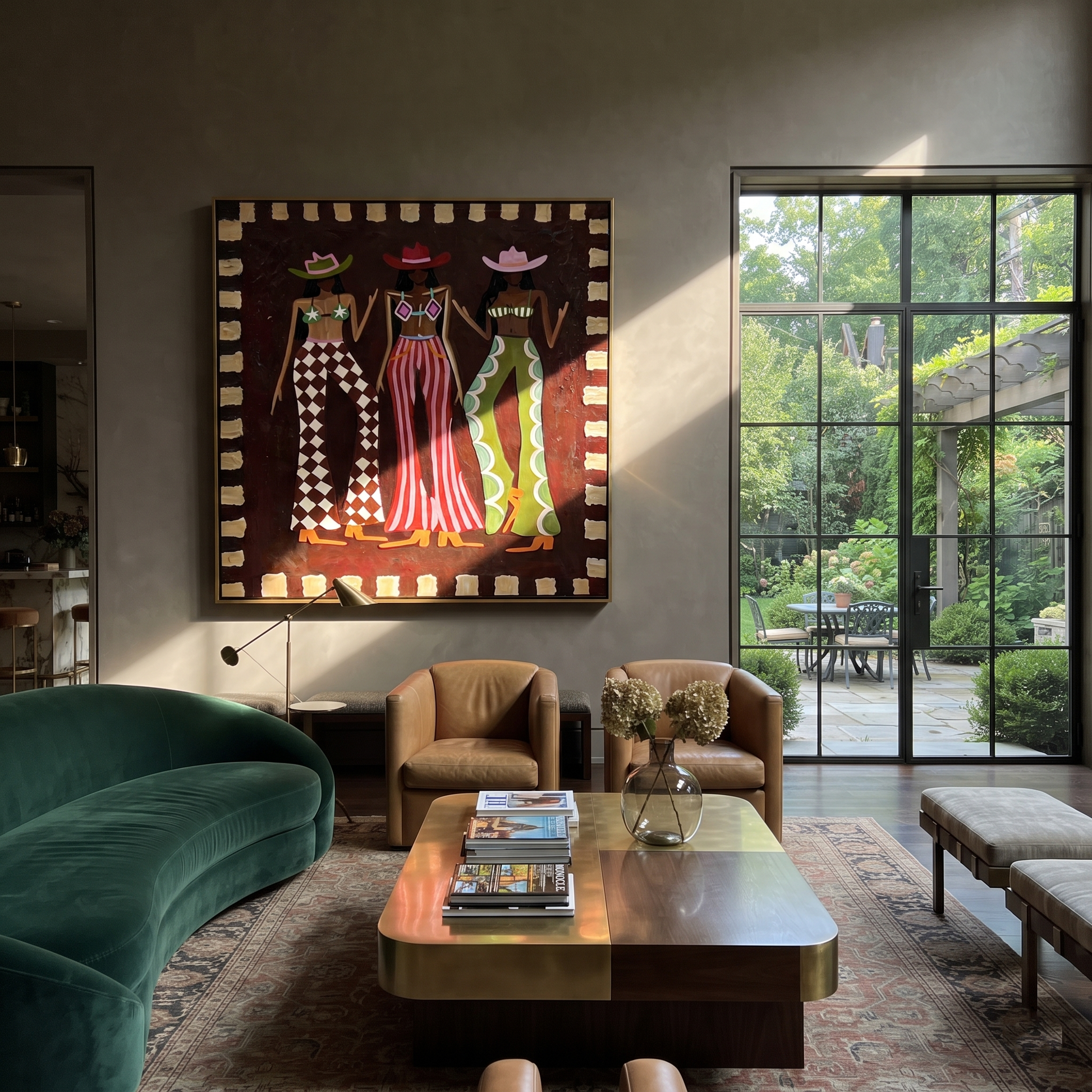 Three Cowgirls Signal Style - three cowgirls fashion painting by Savannah Reed, modern folk art square wall art – styled room scene view 3
