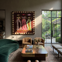 Three Cowgirls Signal Style - three cowgirls fashion painting by Savannah Reed, modern folk art square wall art – styled room scene view 3