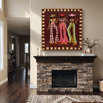 Three Cowgirls Signal Style - three cowgirls fashion painting by Savannah Reed, modern folk art square wall art – styled room scene view 4