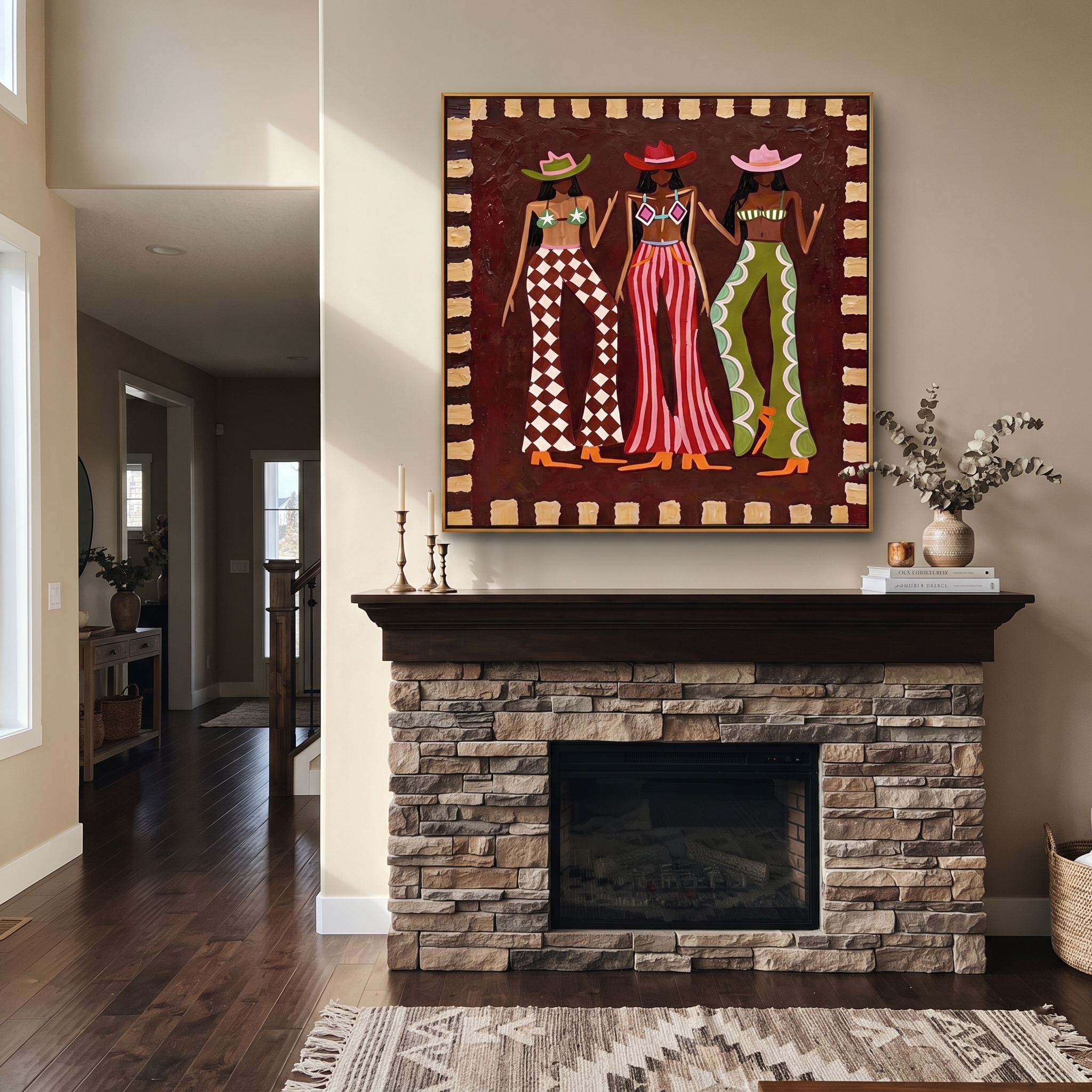 Three Cowgirls Signal Style - three cowgirls fashion painting by Savannah Reed, modern folk art square wall art – styled room scene view 4