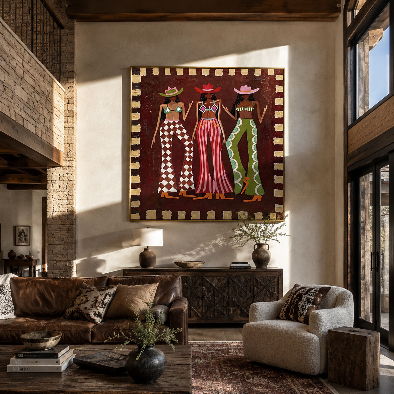 Three Cowgirls Signal Style - three cowgirls fashion painting by Savannah Reed, modern folk art square wall art – styled room scene view 5