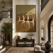 Three Riders Cross Dust - three horse riders painting by Savannah Reed, modern folk art vertical wall art – styled room scene view 1