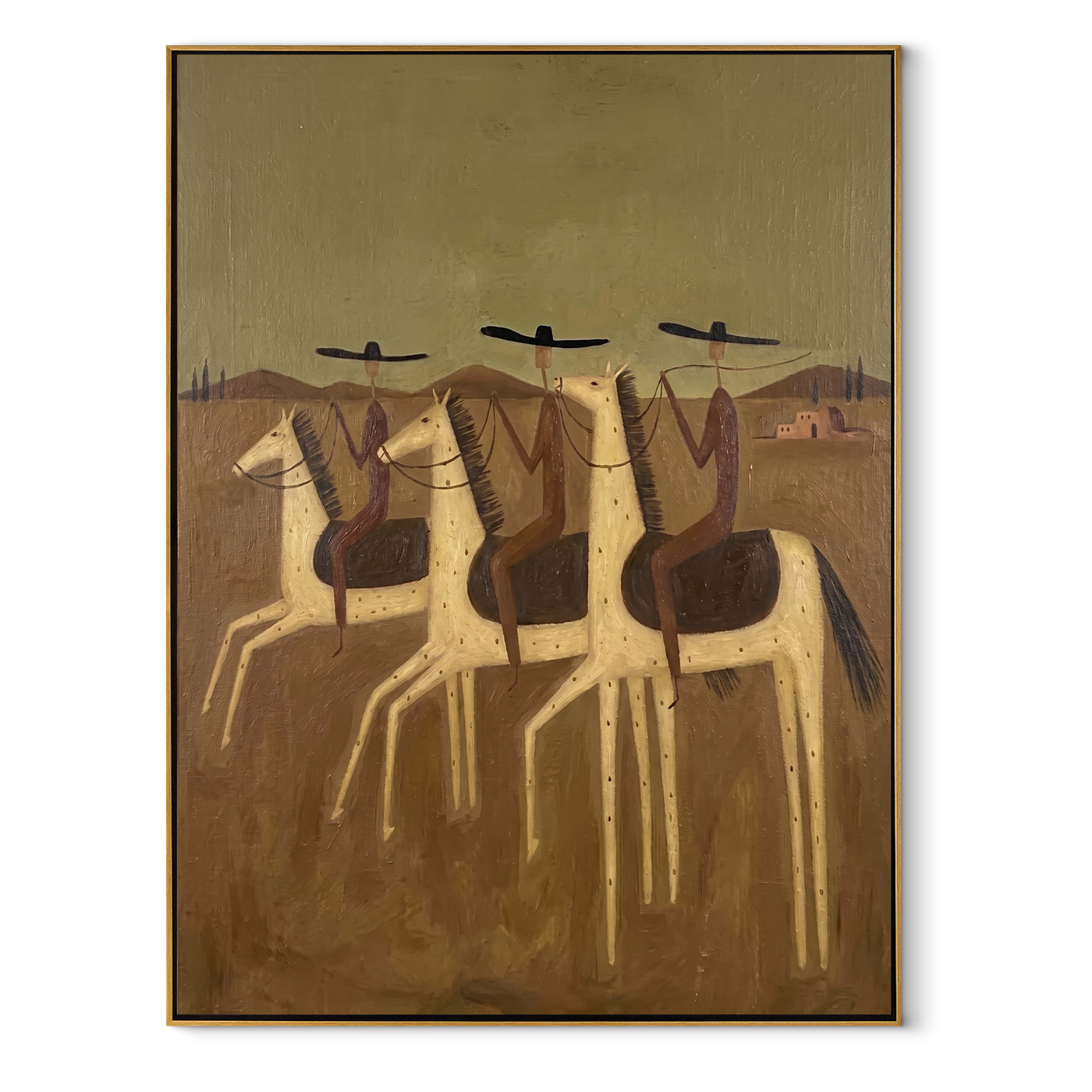 Three Riders Cross Dust - three horse riders painting by Savannah Reed, modern folk art vertical wall art – wood frame on white background