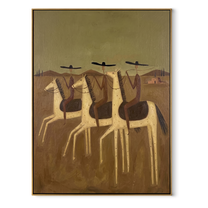 Three Riders Cross Dust - three horse riders painting by Savannah Reed, modern folk art vertical wall art – wood frame on white background