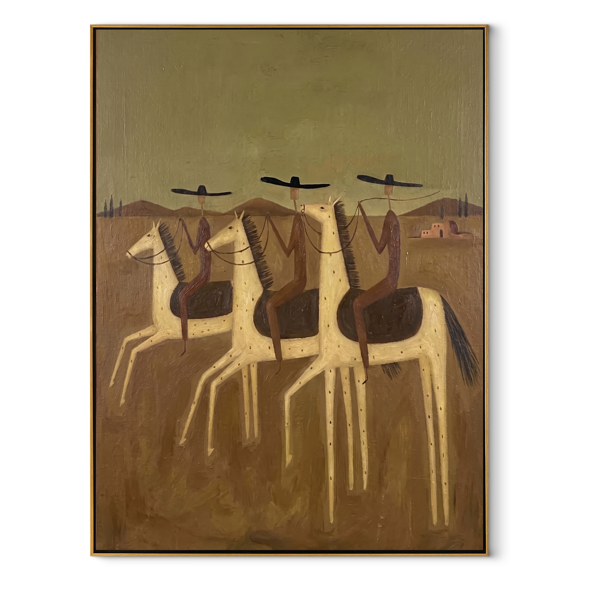 Three Riders Cross Dust - three horse riders painting by Savannah Reed, modern folk art vertical wall art – wood frame on white background
