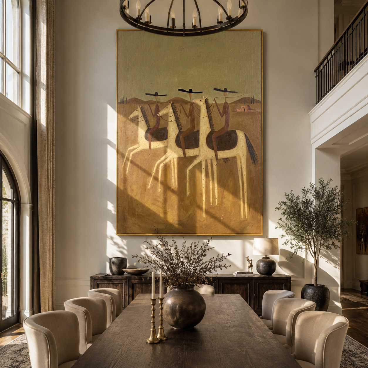 Three Riders Cross Dust - three horse riders painting by Savannah Reed, modern folk art vertical wall art – styled room scene view 2