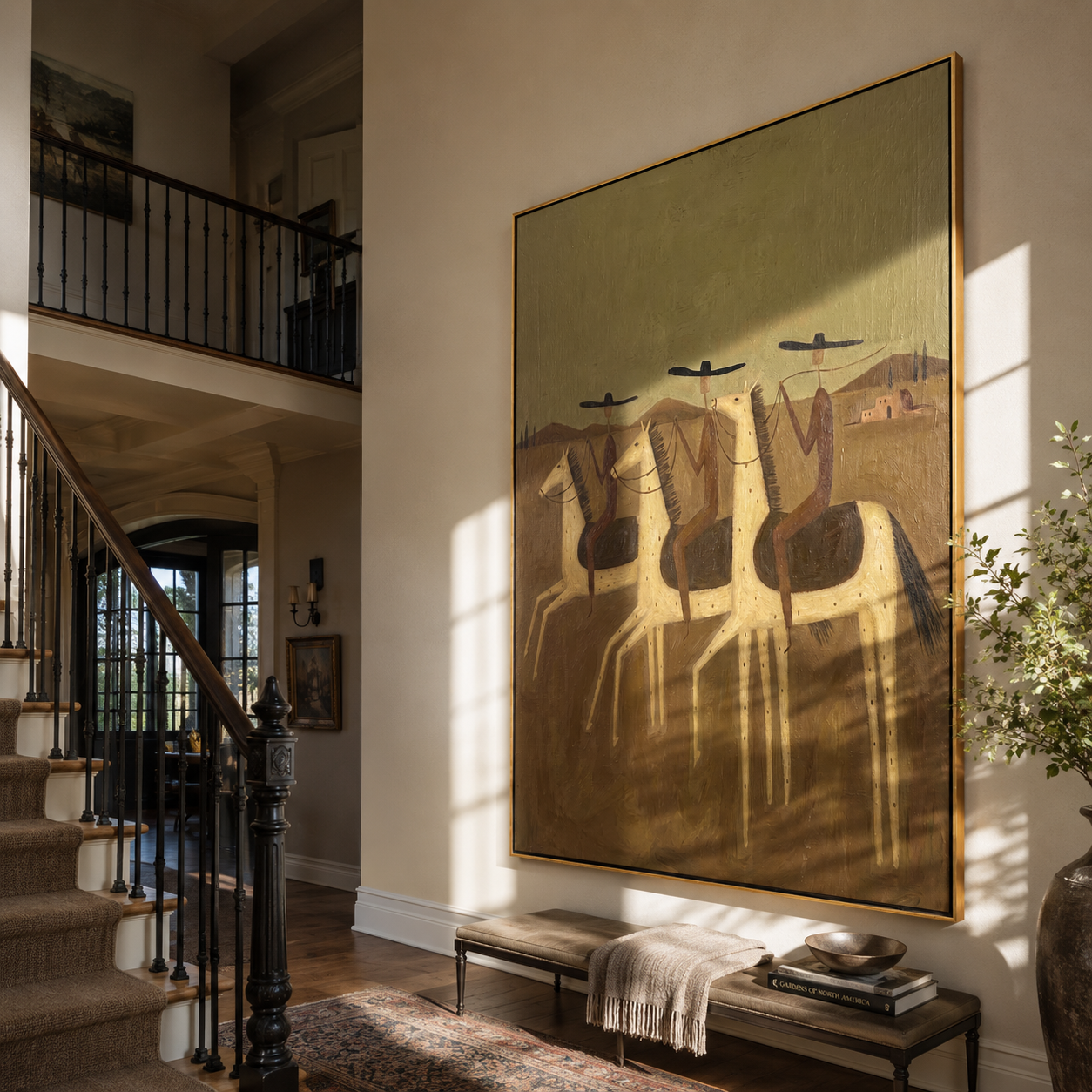 Three Riders Cross Dust - three horse riders painting by Savannah Reed, modern folk art vertical wall art – styled room scene view 3