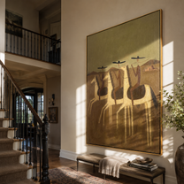 Three Riders Cross Dust - three horse riders painting by Savannah Reed, modern folk art vertical wall art – styled room scene view 3