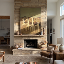 Three Riders Cross Dust - three horse riders painting by Savannah Reed, modern folk art vertical wall art – styled room scene view 4