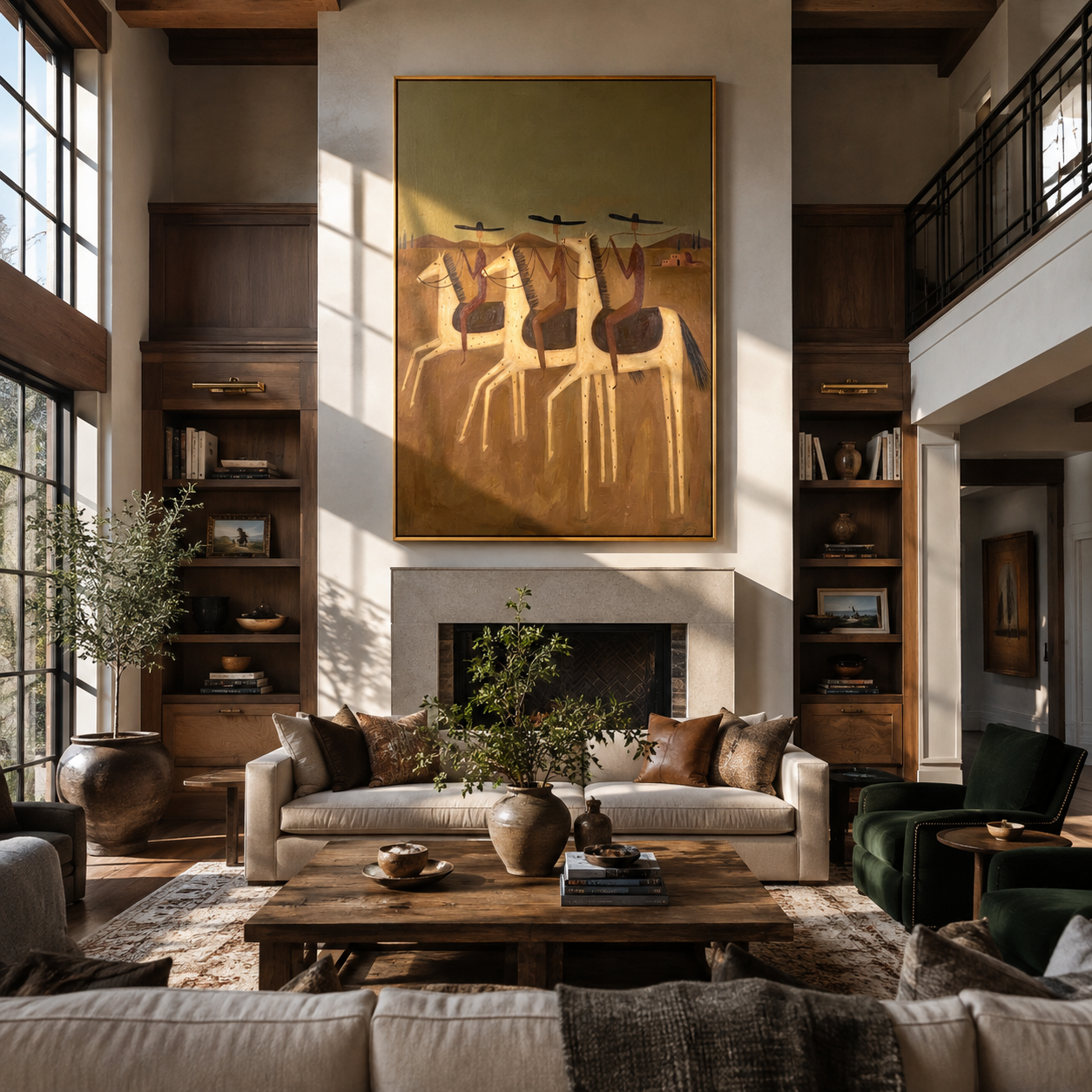 Three Riders Cross Dust - three horse riders painting by Savannah Reed, modern folk art vertical wall art – styled room scene view 5