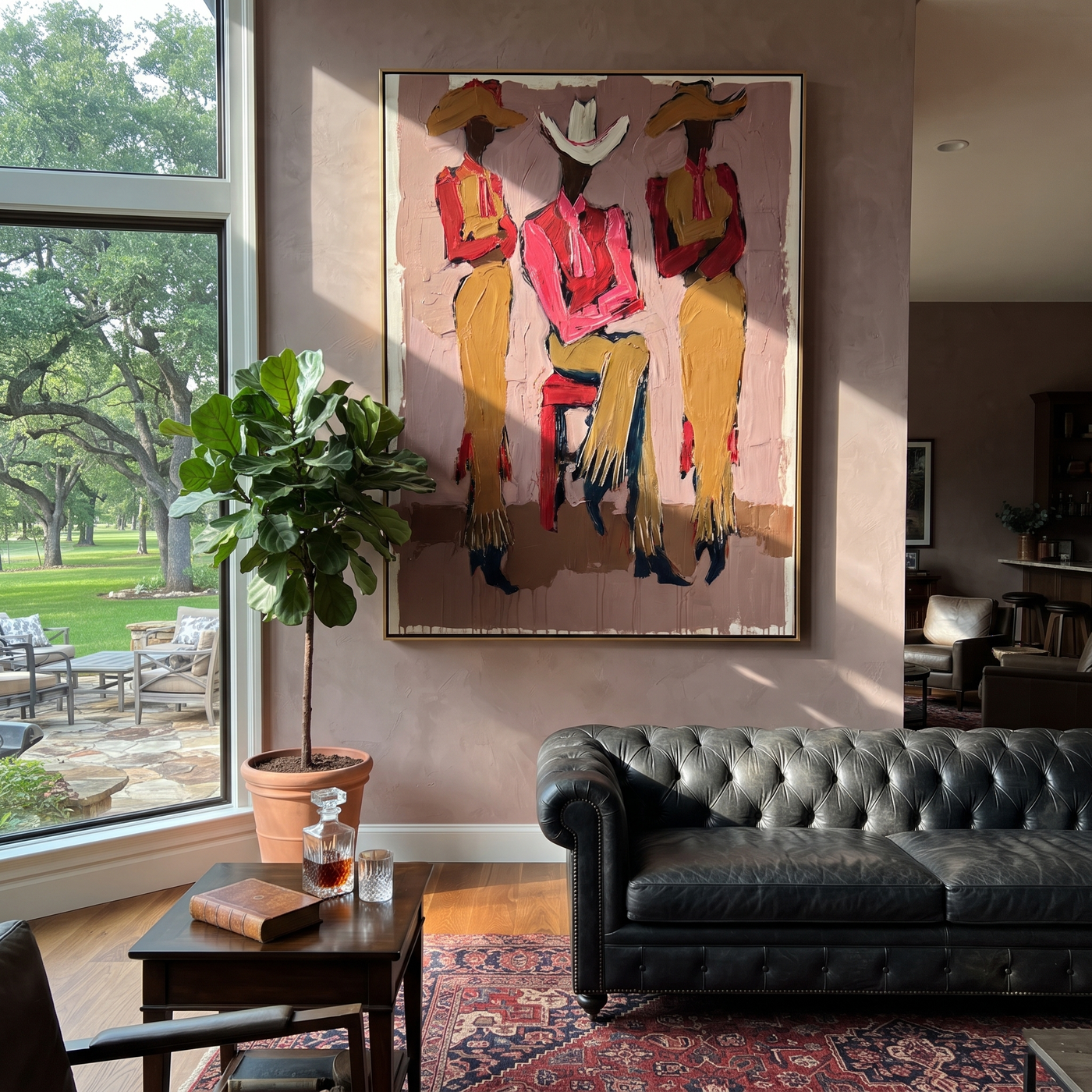 White Brim Holds Center - three cowgirls portrait painting by Savannah Reed, modern folk art vertical wall art – styled room scene view 1