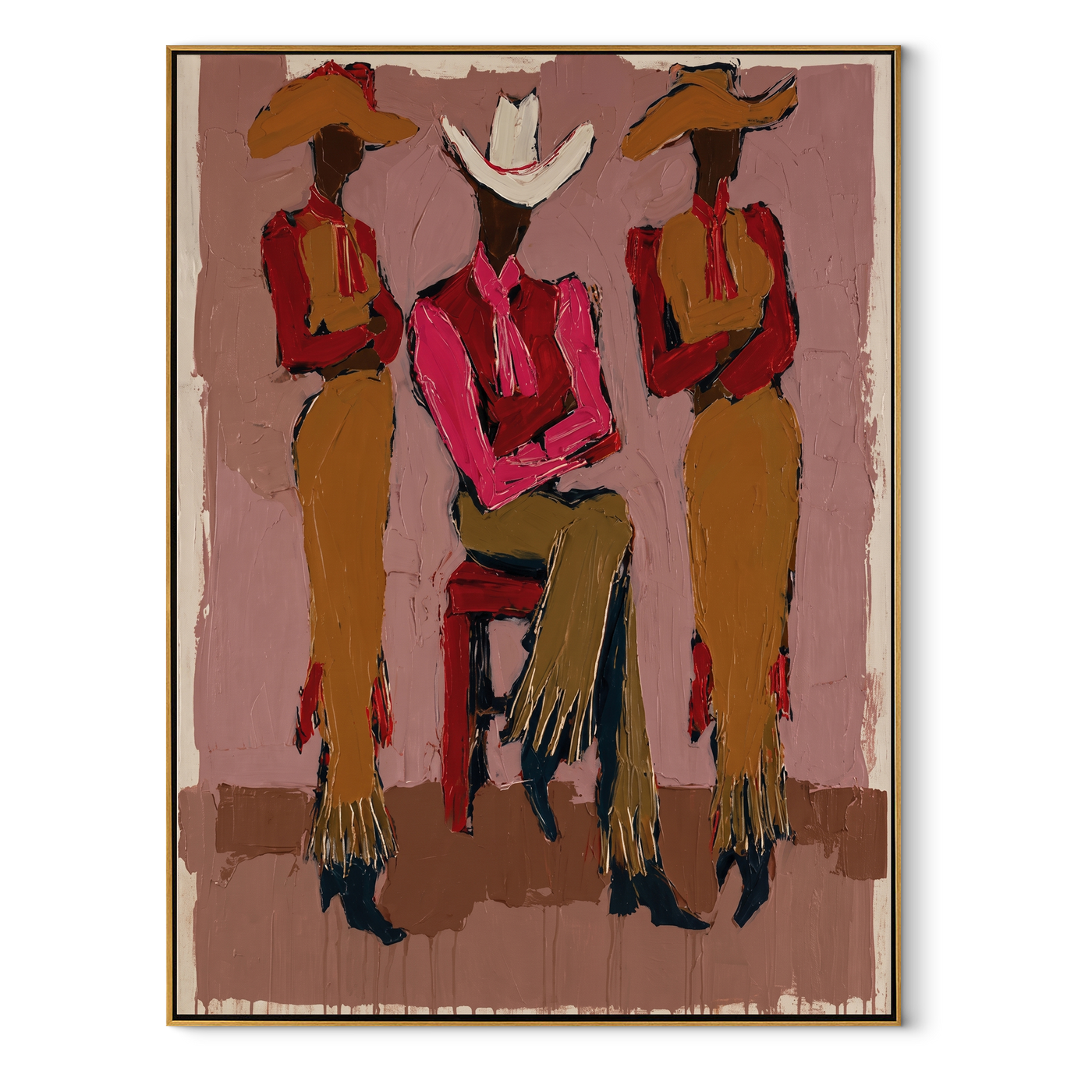 White Brim Holds Center - three cowgirls portrait painting by Savannah Reed, modern folk art vertical wall art – wood frame on white background
