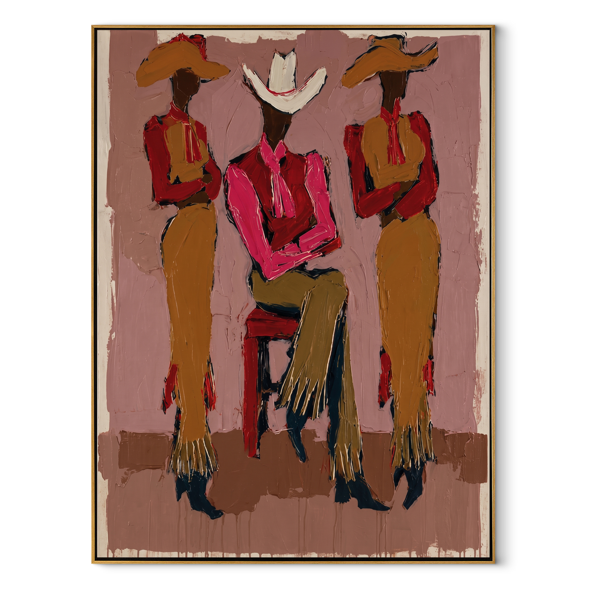 White Brim Holds Center - three cowgirls portrait painting by Savannah Reed, modern folk art vertical wall art – wood frame on white background