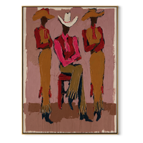 White Brim Holds Center - three cowgirls portrait painting by Savannah Reed, modern folk art vertical wall art – wood frame on white background
