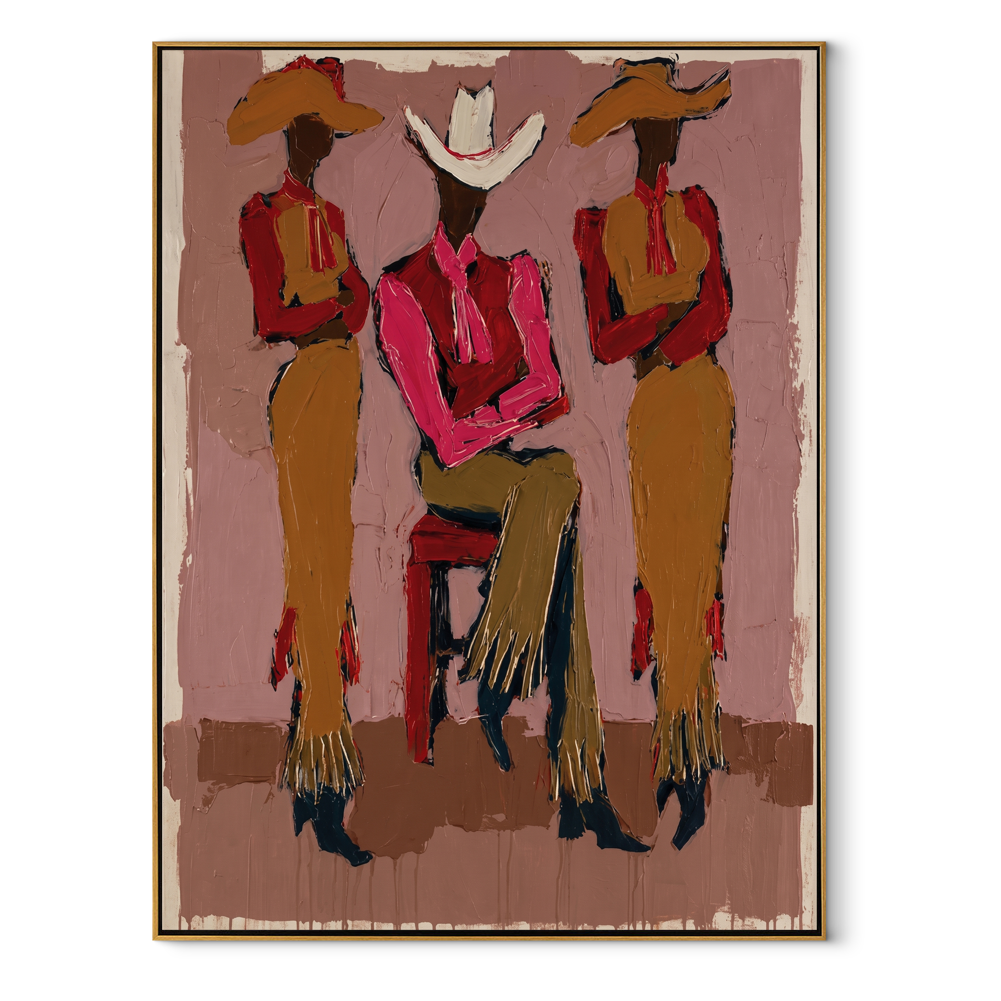 White Brim Holds Center - three cowgirls portrait painting by Savannah Reed, modern folk art vertical wall art – wood frame on white background