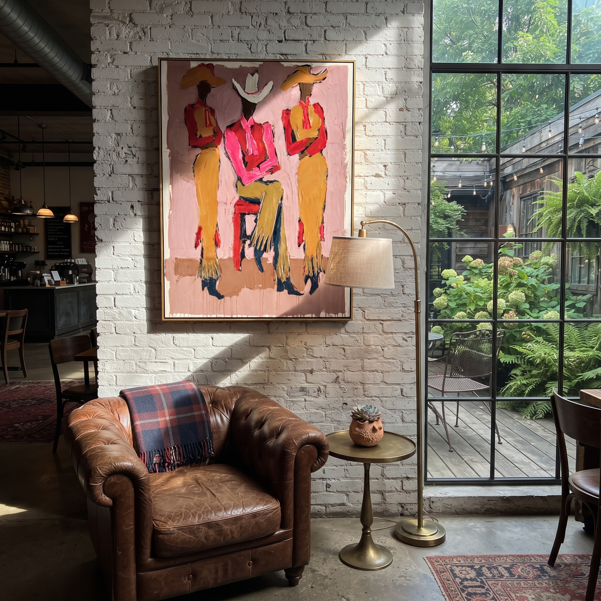 White Brim Holds Center - three cowgirls portrait painting by Savannah Reed, modern folk art vertical wall art – styled room scene view 2